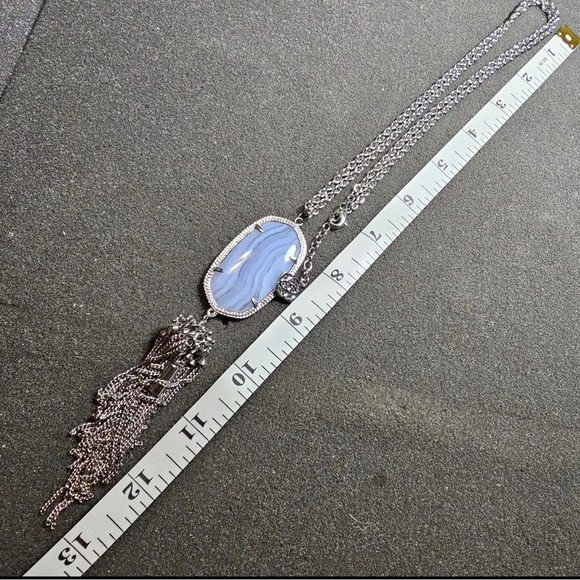 Kendra Scott Blue Lace Agate Rayne Silver Tone Statement Tassel Necklace 28" Lng - Picture 6 of 8